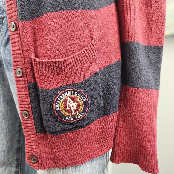 Abercrombie & Fitch Cardigan S Navy Red Stripe Logo Y2K Preppy Academia - Picture 3 of 8